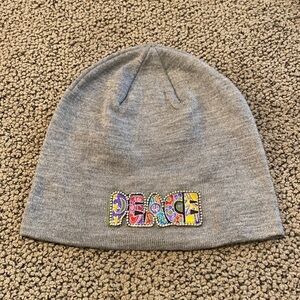 NWOT Embellished Gray Knit Beanie with Peace Patch on the Front